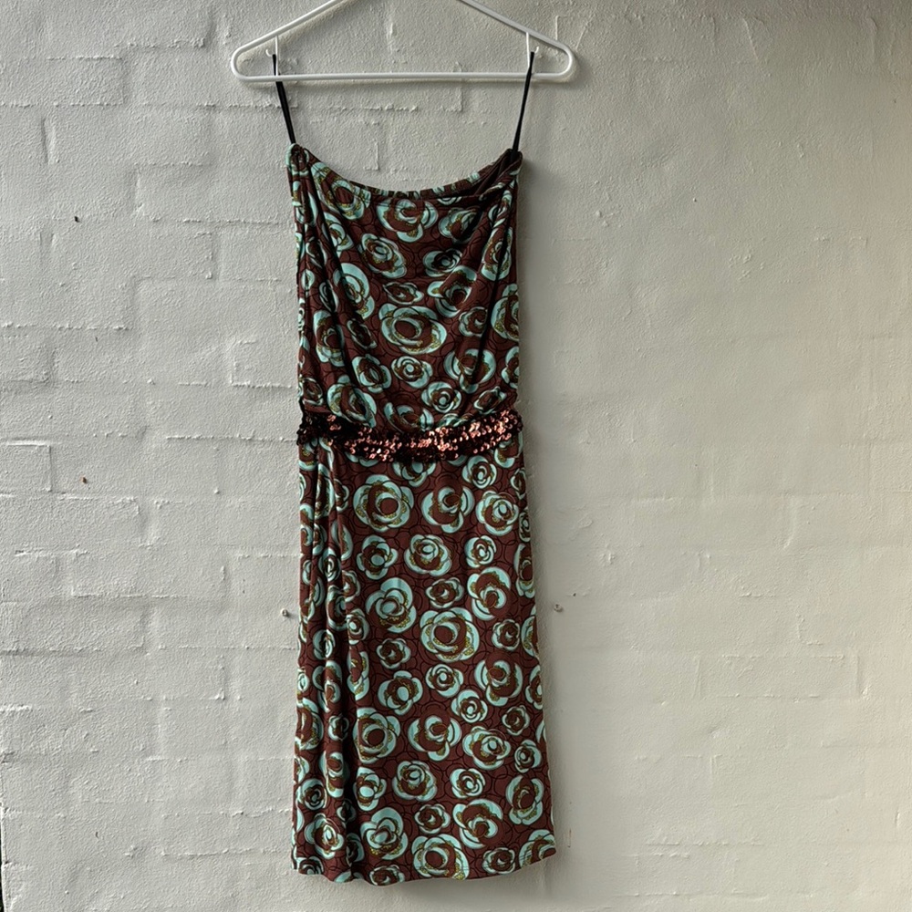 Fun Brown and Green Patterned Dress with sequined built in belt.
